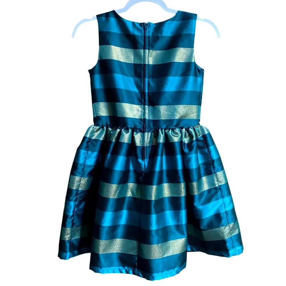 Place Girls Holiday Dress Size 12 Blue Green Stripes Flower Applique Christmas